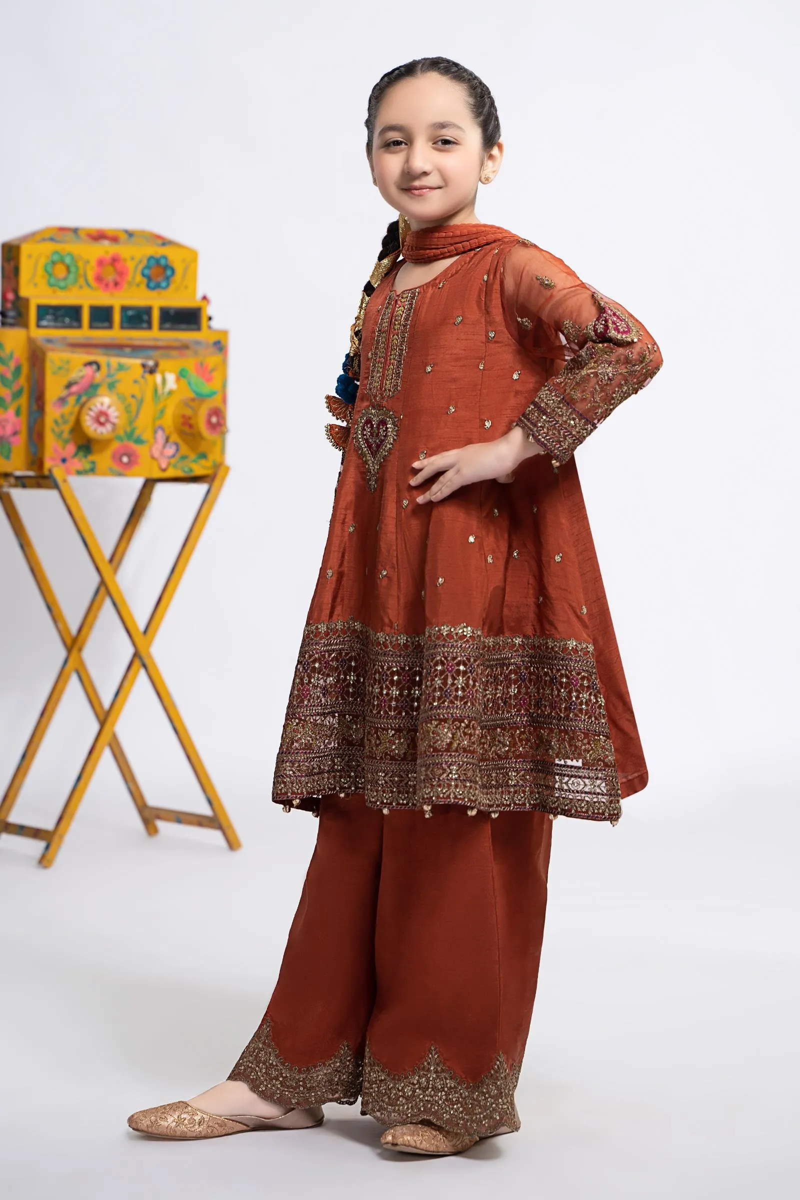 3 Piece Embroidered Raw Silk Suit | MKS-EF24-46