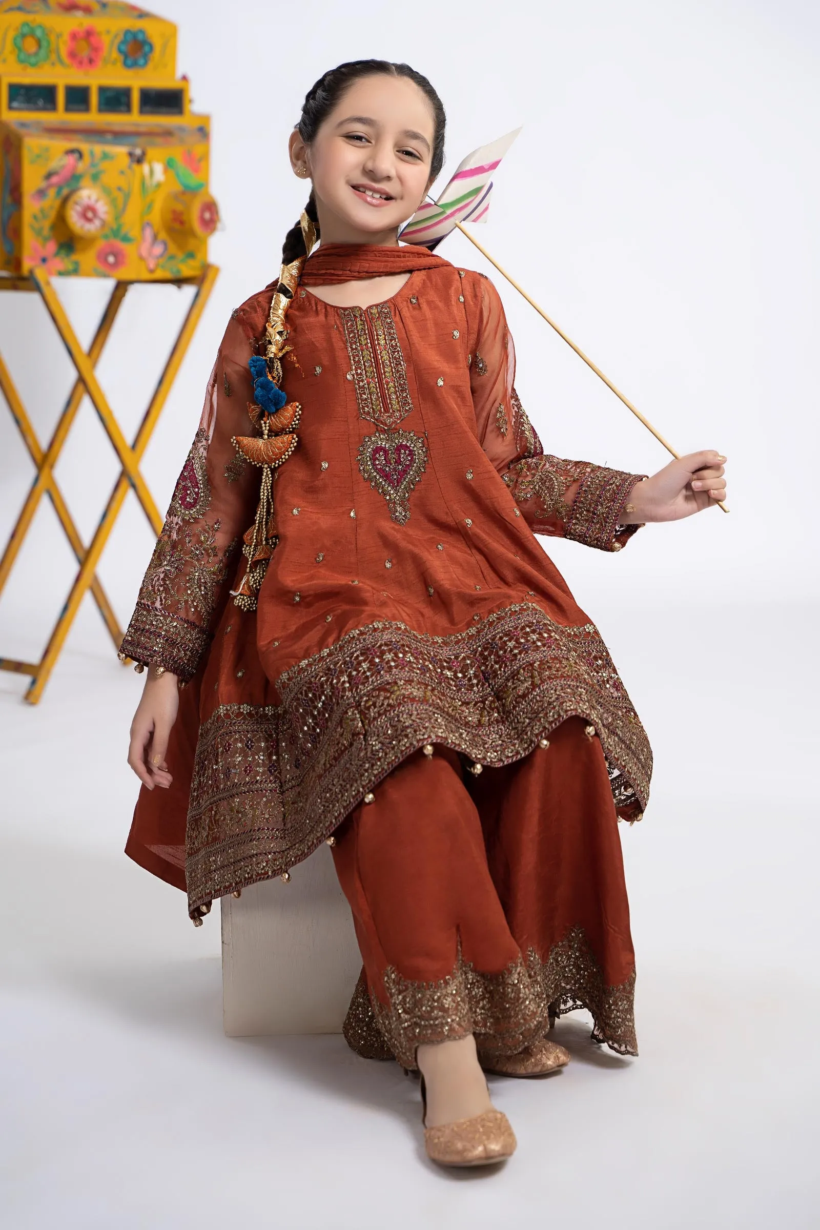 3 Piece Embroidered Raw Silk Suit | MKS-EF24-46