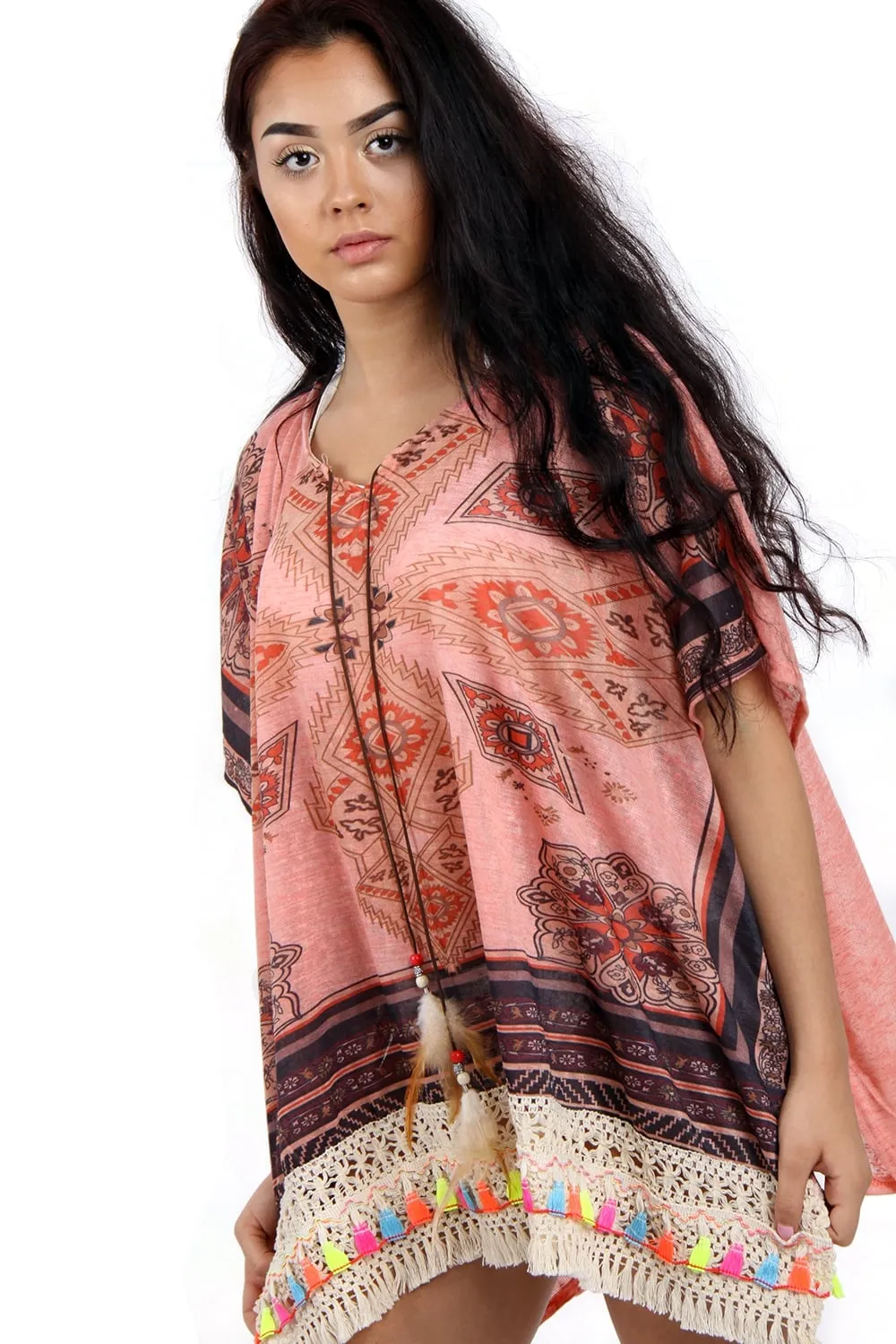 Aztec Floral Print Feather Tassel Trim Poncho Kaftan