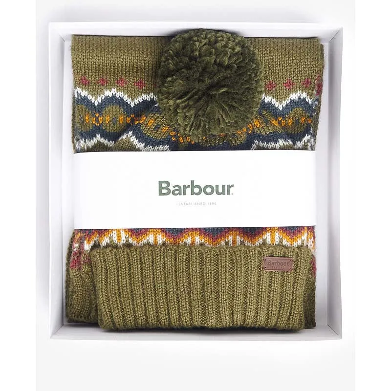 Barbour Fairisle Beanie & Scarf Gift Set - Olive