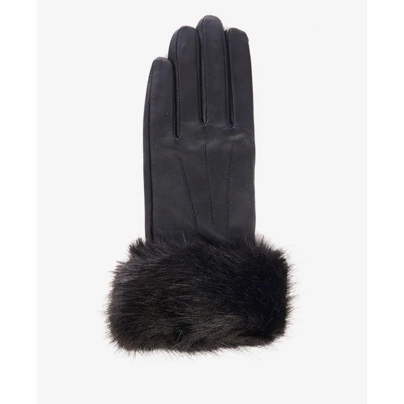 Barbour Fur Trimmed Ladies Leather Gloves - Black