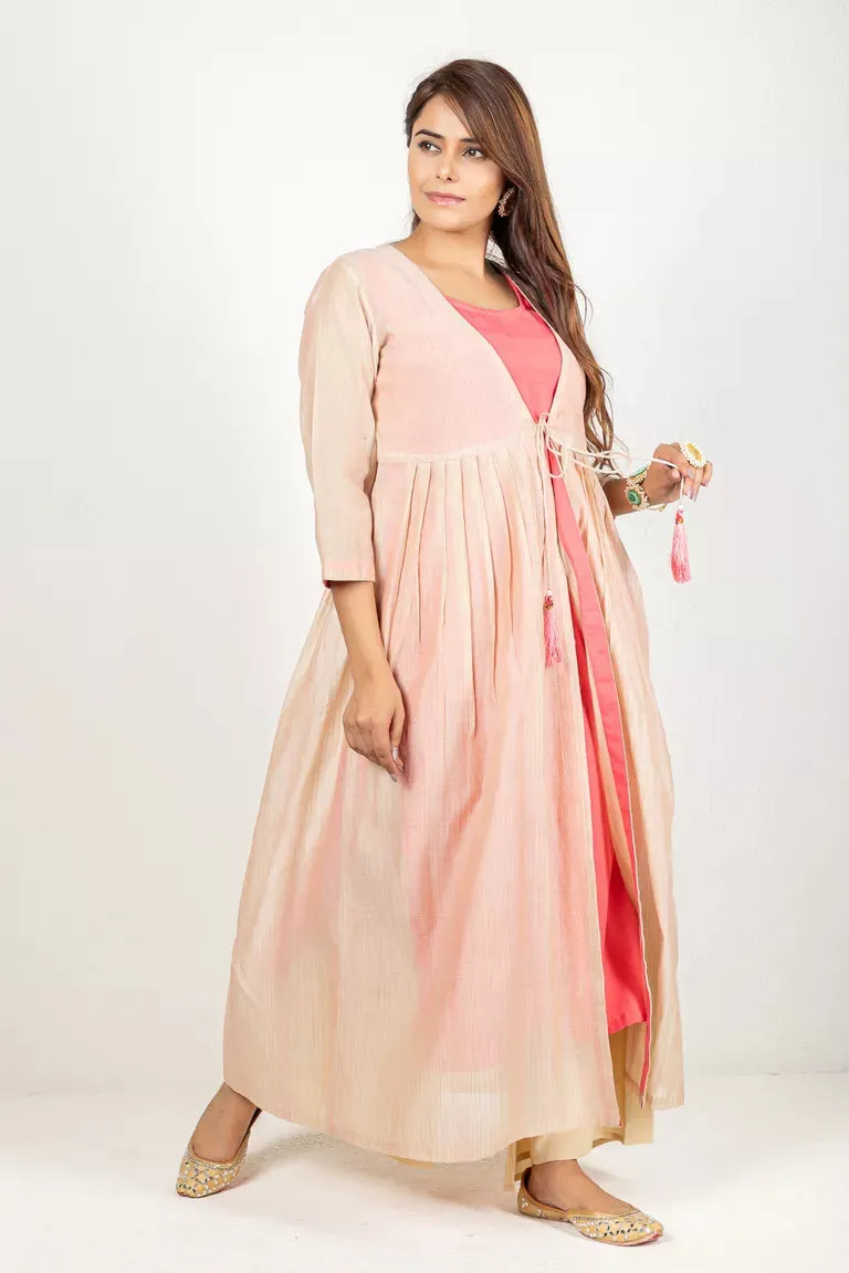 Beige & Carrot Pink Chanderi & Cotton Flax Kurta