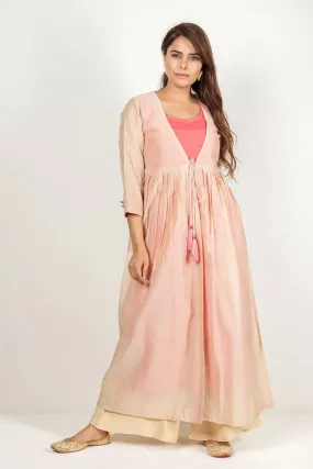 Beige & Carrot Pink Chanderi & Cotton Flax Kurta