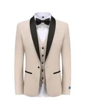 Beige Men's Slim-Fit Tuxedo Single Breasted Black Shawl Lapel Vested TX-300