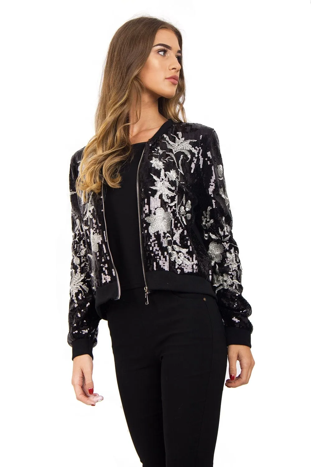 Black Floral Sequin Zip Jacket