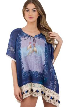 Blue Aztec Floral Print Feather Tassel Trim Poncho Kaftan