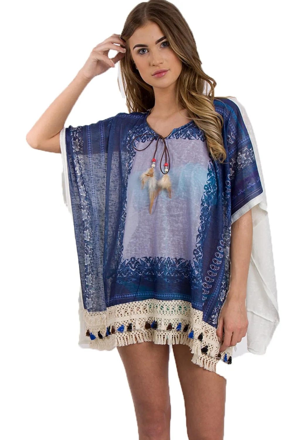 Blue Aztec Floral Print Feather Tassel Trim Poncho Kaftan