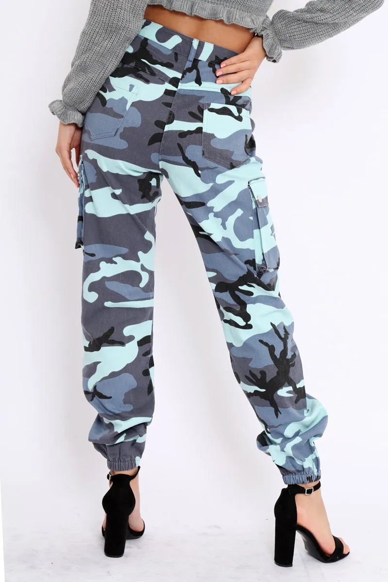 Blue Camo Printed Cargo Trousers - Vivi