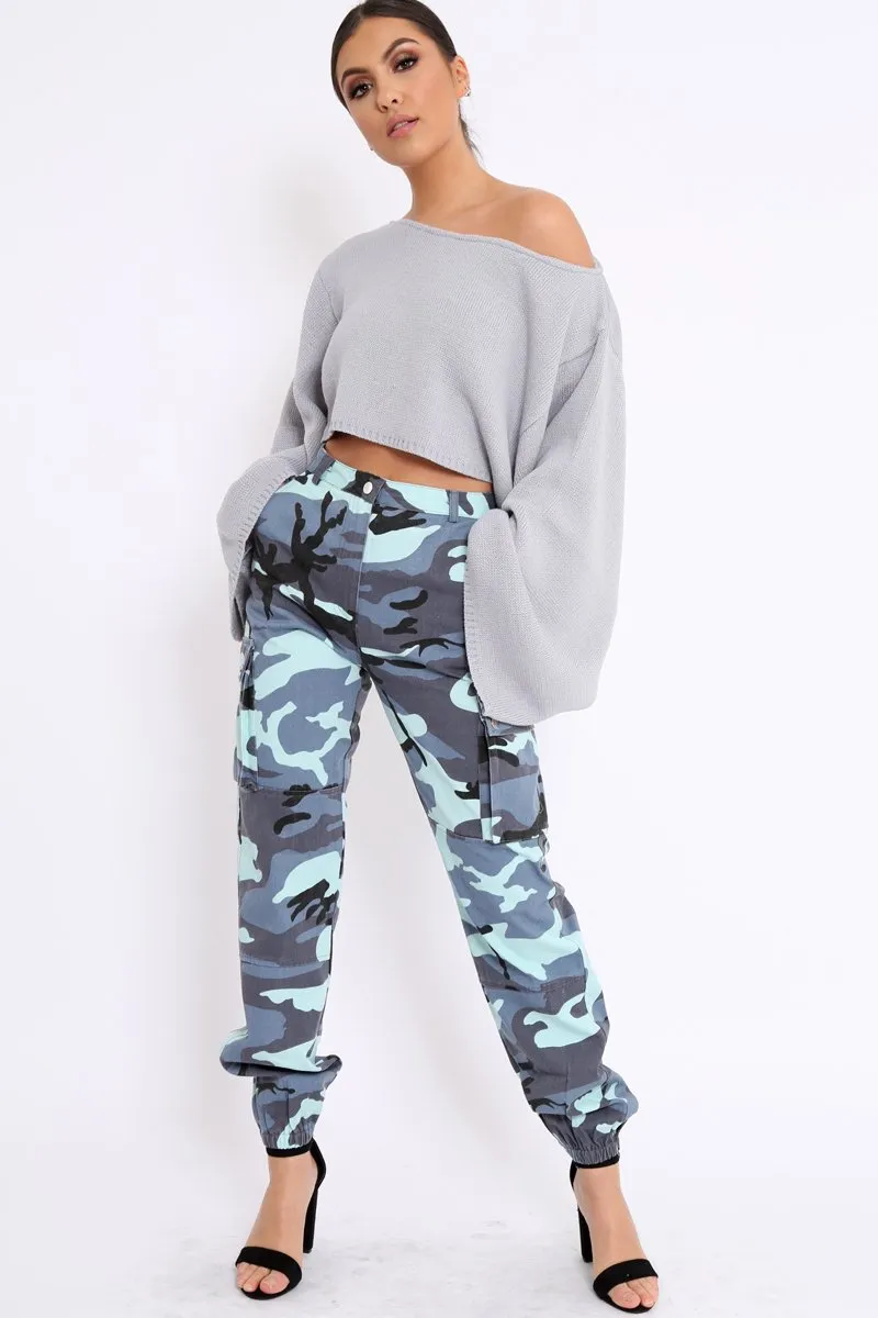 Blue Camo Printed Cargo Trousers - Vivi