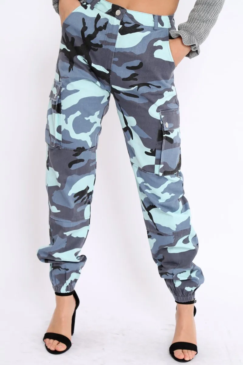 Blue Camo Printed Cargo Trousers - Vivi