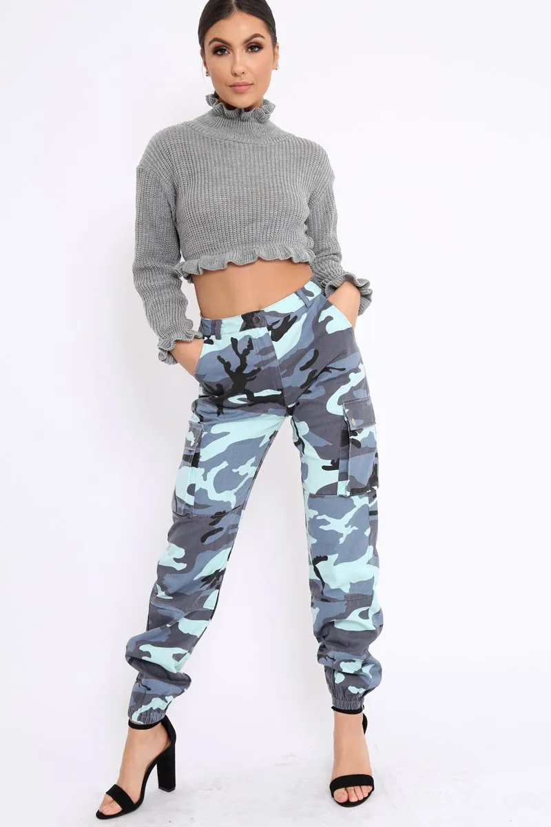 Blue Camo Printed Cargo Trousers - Vivi