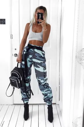 Blue Camo Printed Cargo Trousers - Vivi