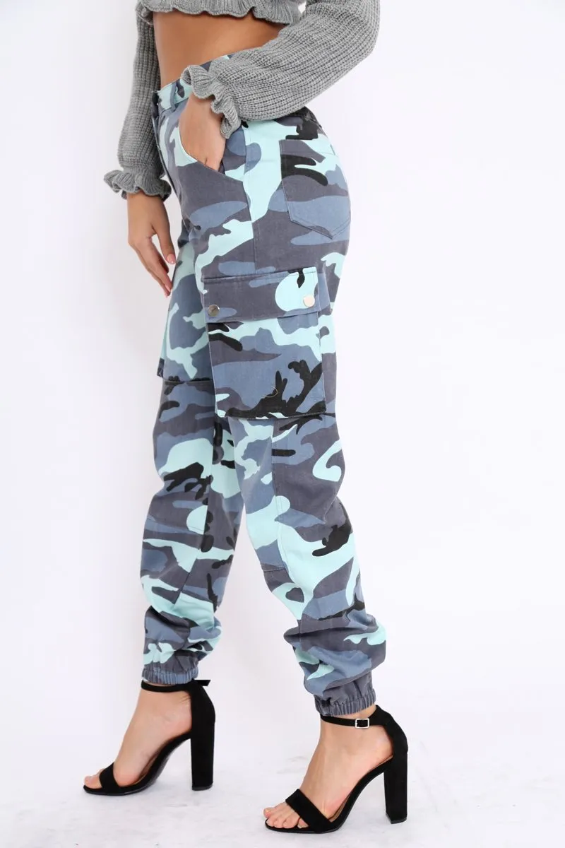 Blue Camo Printed Cargo Trousers - Vivi