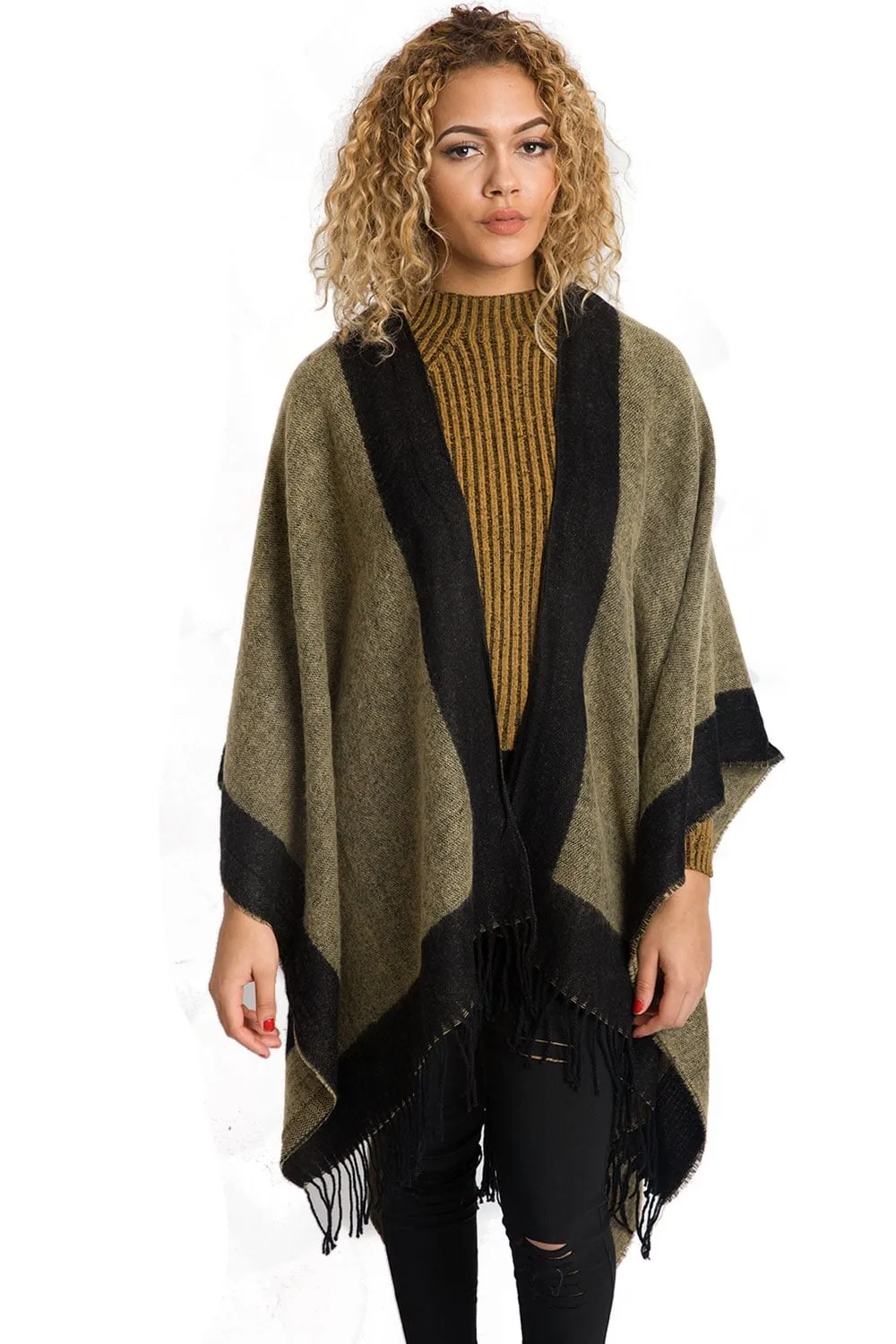 Border Block Blanket Cape with Fringe