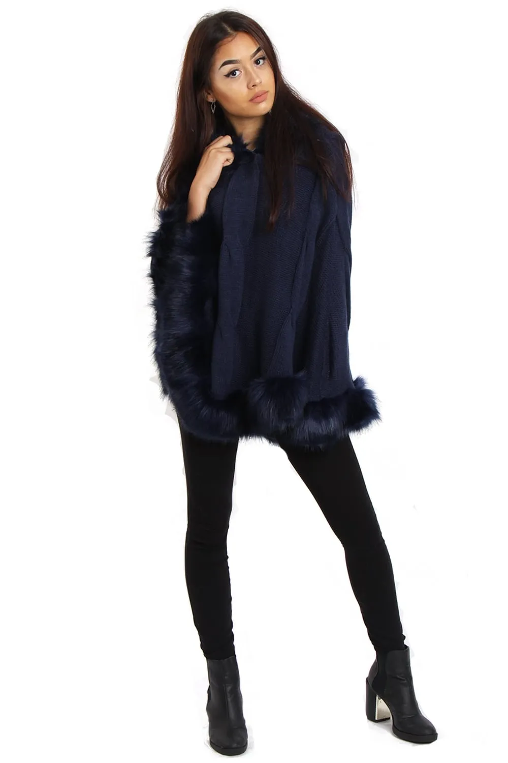 Cable Knitted Hooded Fur Trim Poncho Cape