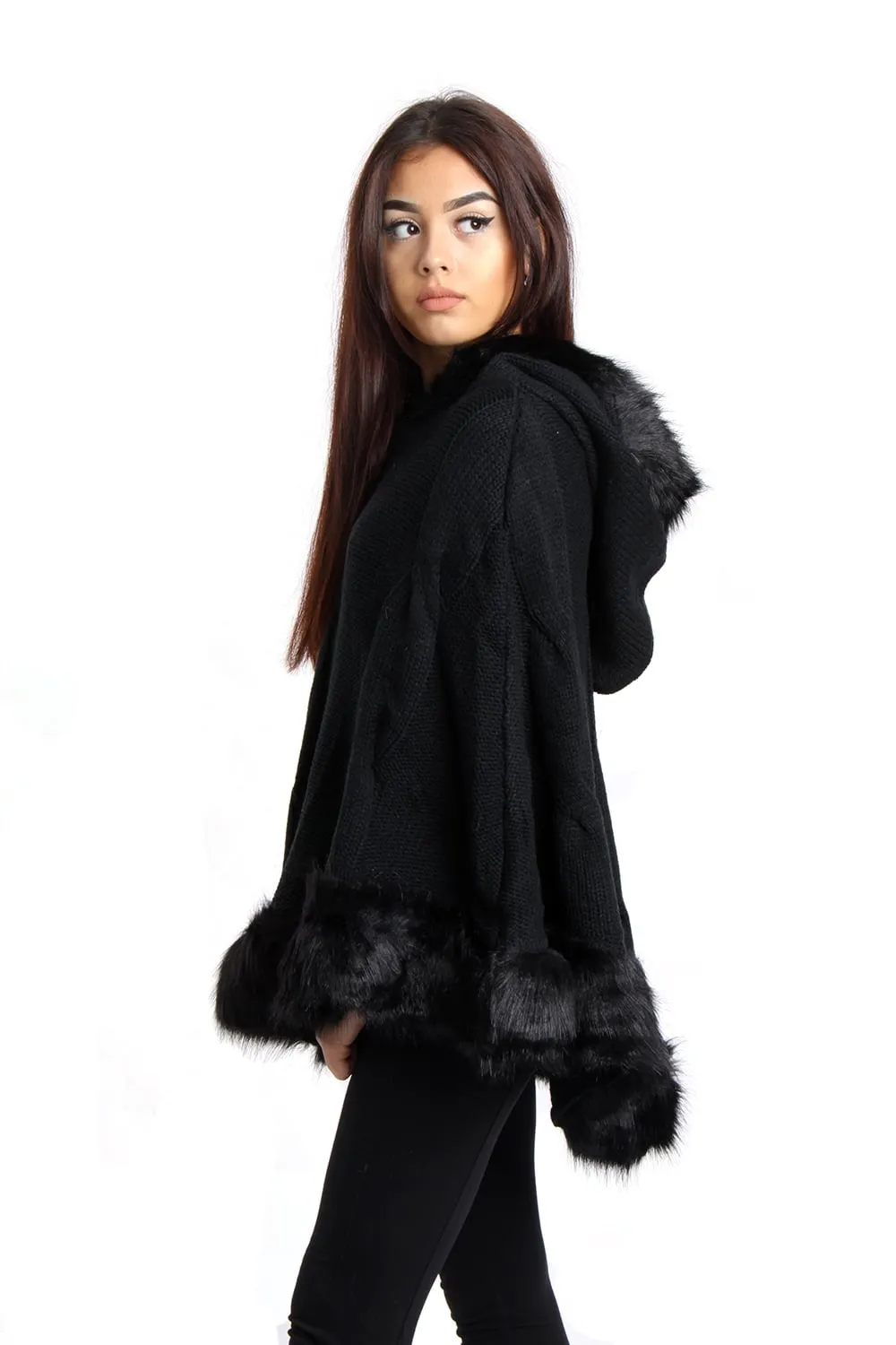 Cable Knitted Hooded Fur Trim Poncho Cape