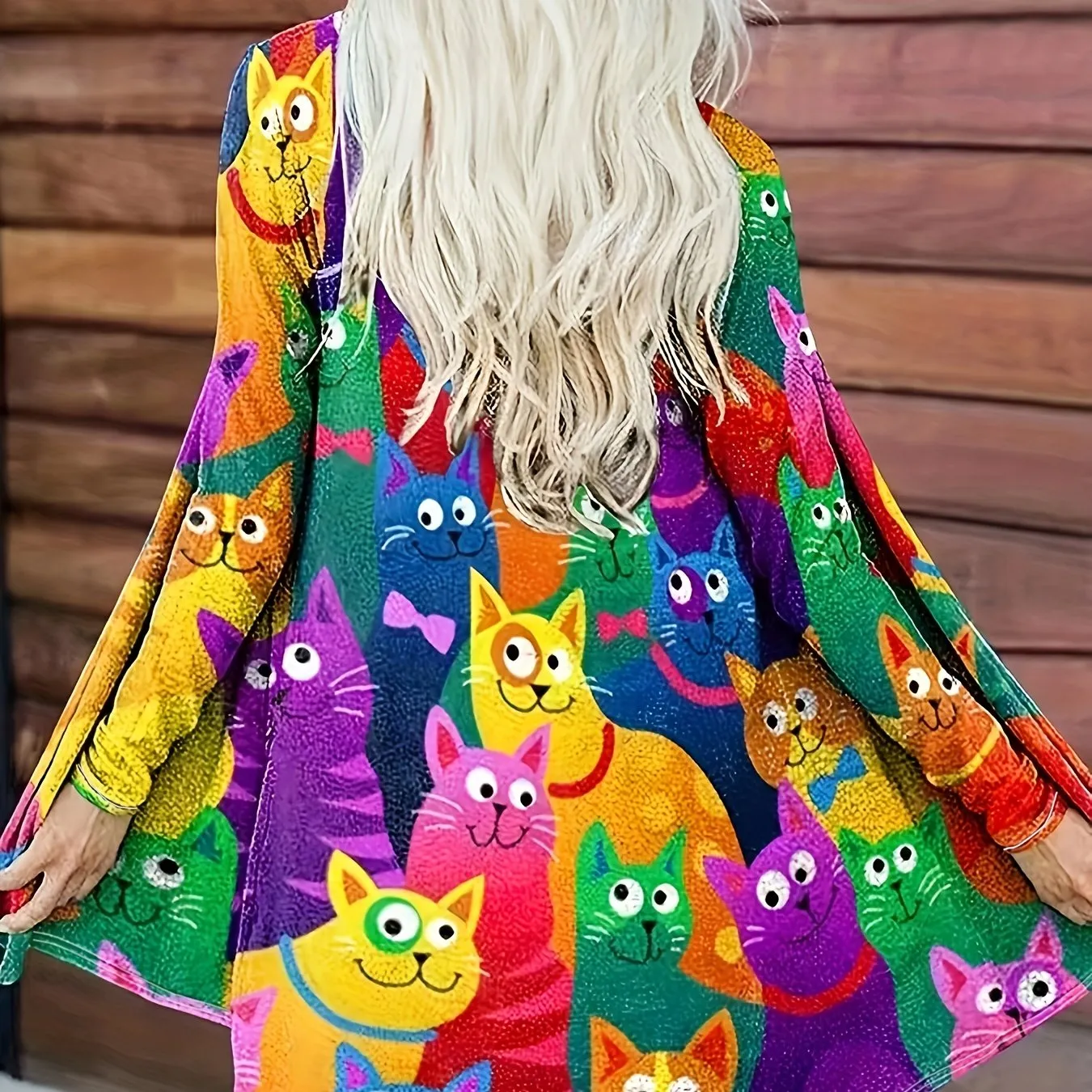 Cartoon Cat Print Plus Size Open Front Cardigan