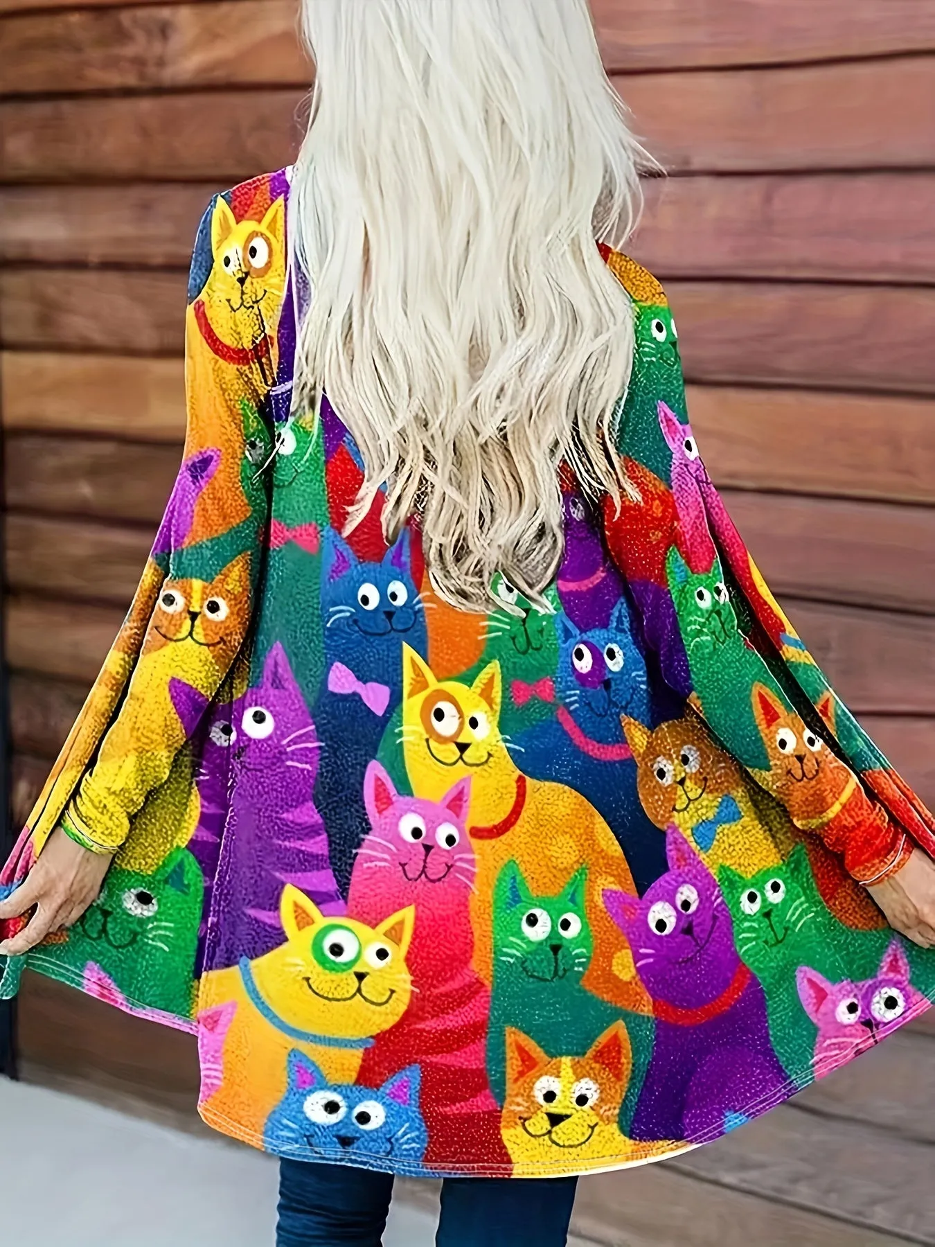 Cartoon Cat Print Plus Size Open Front Cardigan