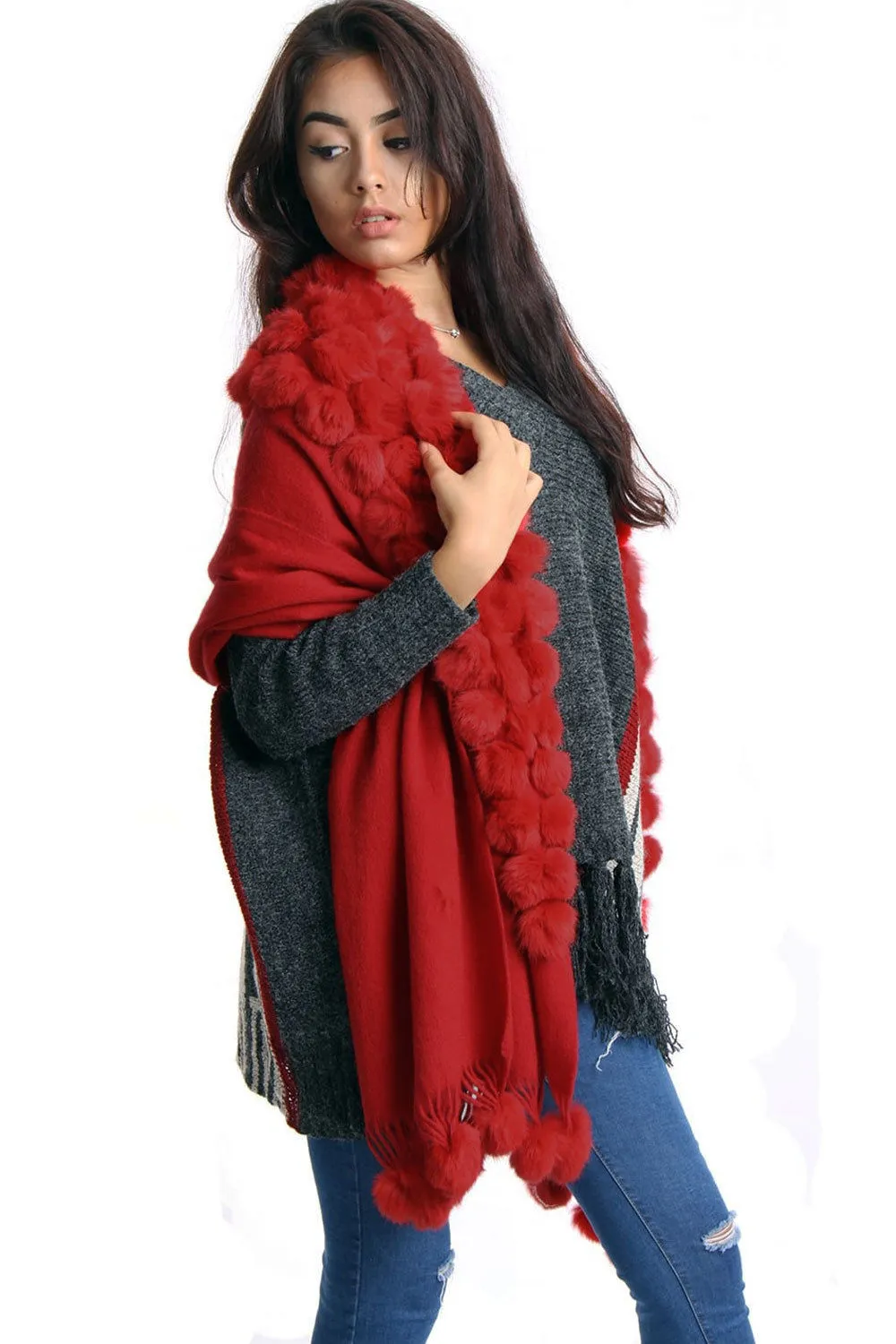 Cashmere & Wool Shawl With Multiple Fur Pom Poms