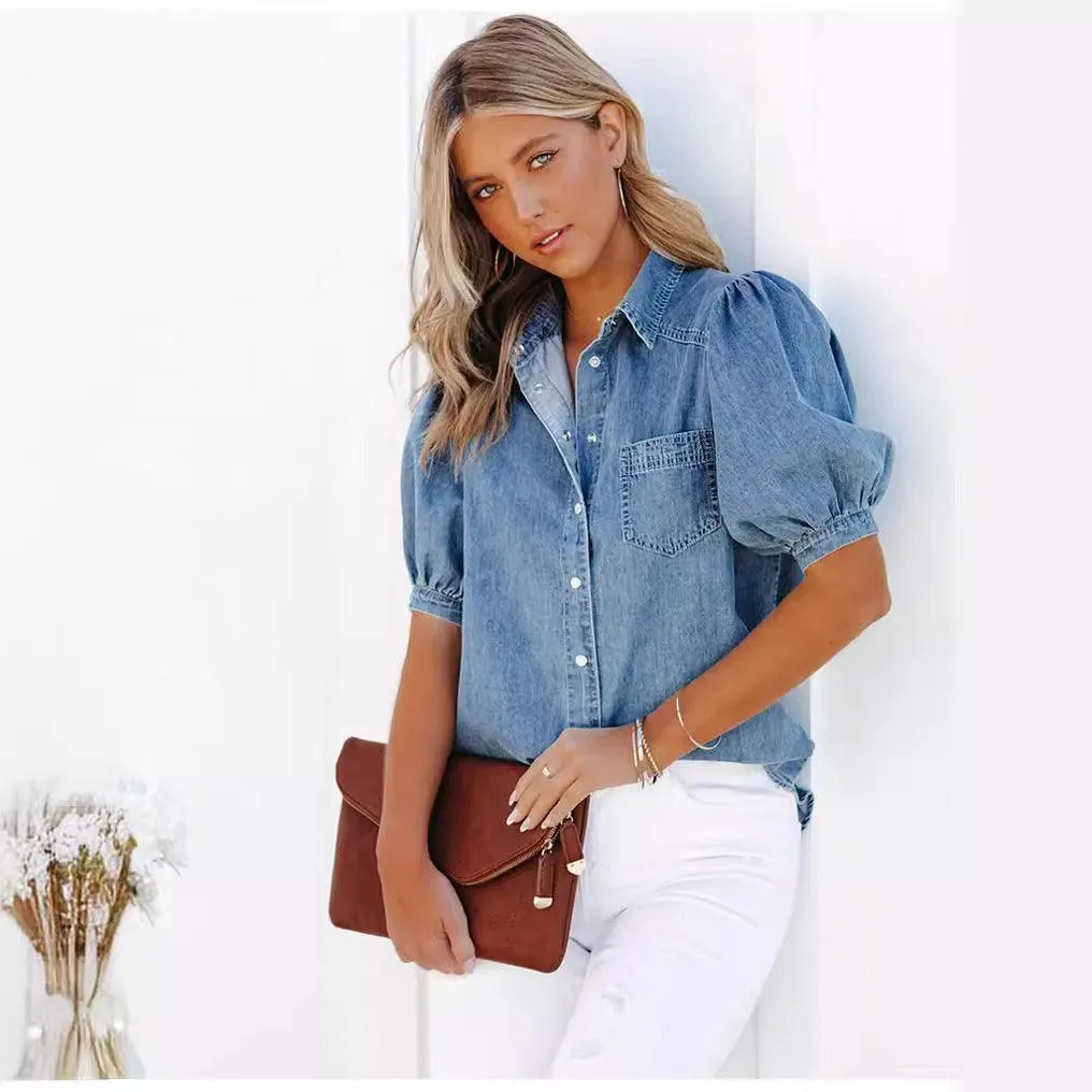 Casual Thin Denim Shirt with Princess Sleeves