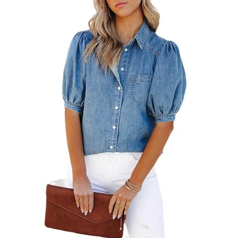 Casual Thin Denim Shirt with Princess Sleeves