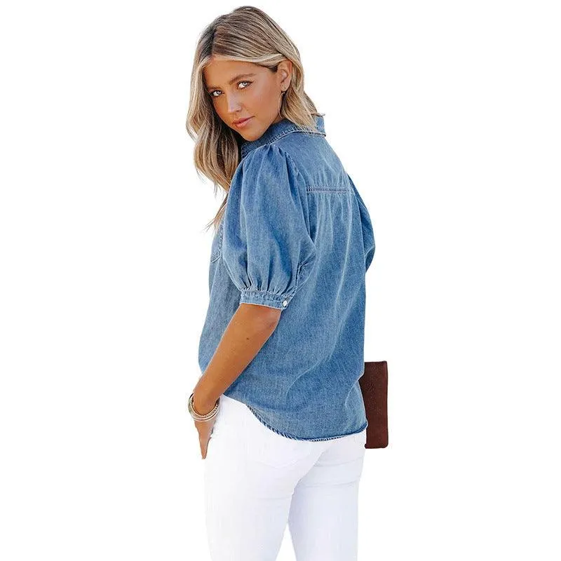 Casual Thin Denim Shirt with Princess Sleeves