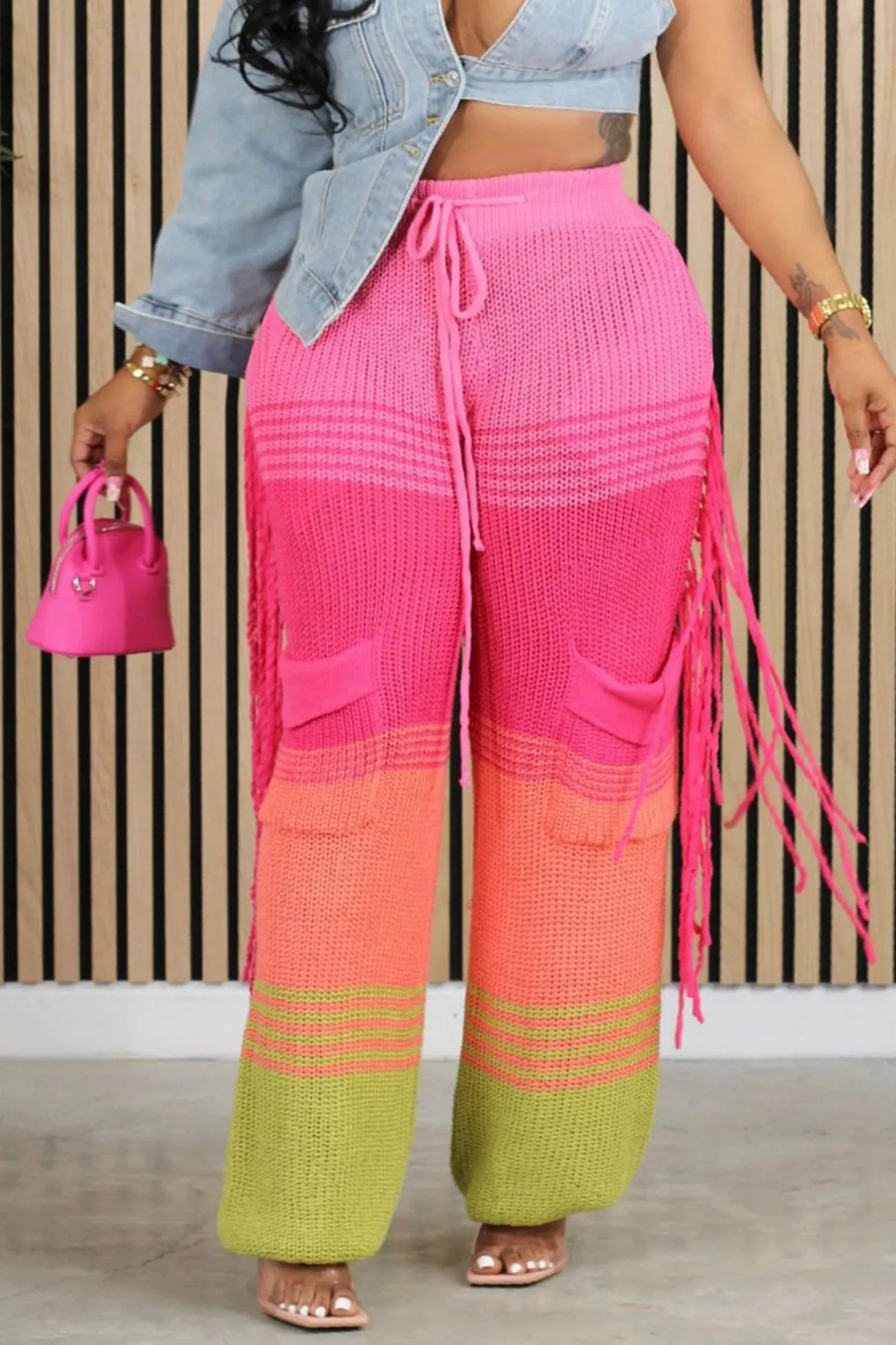 Contrast Fringe Crochet Knit Pants