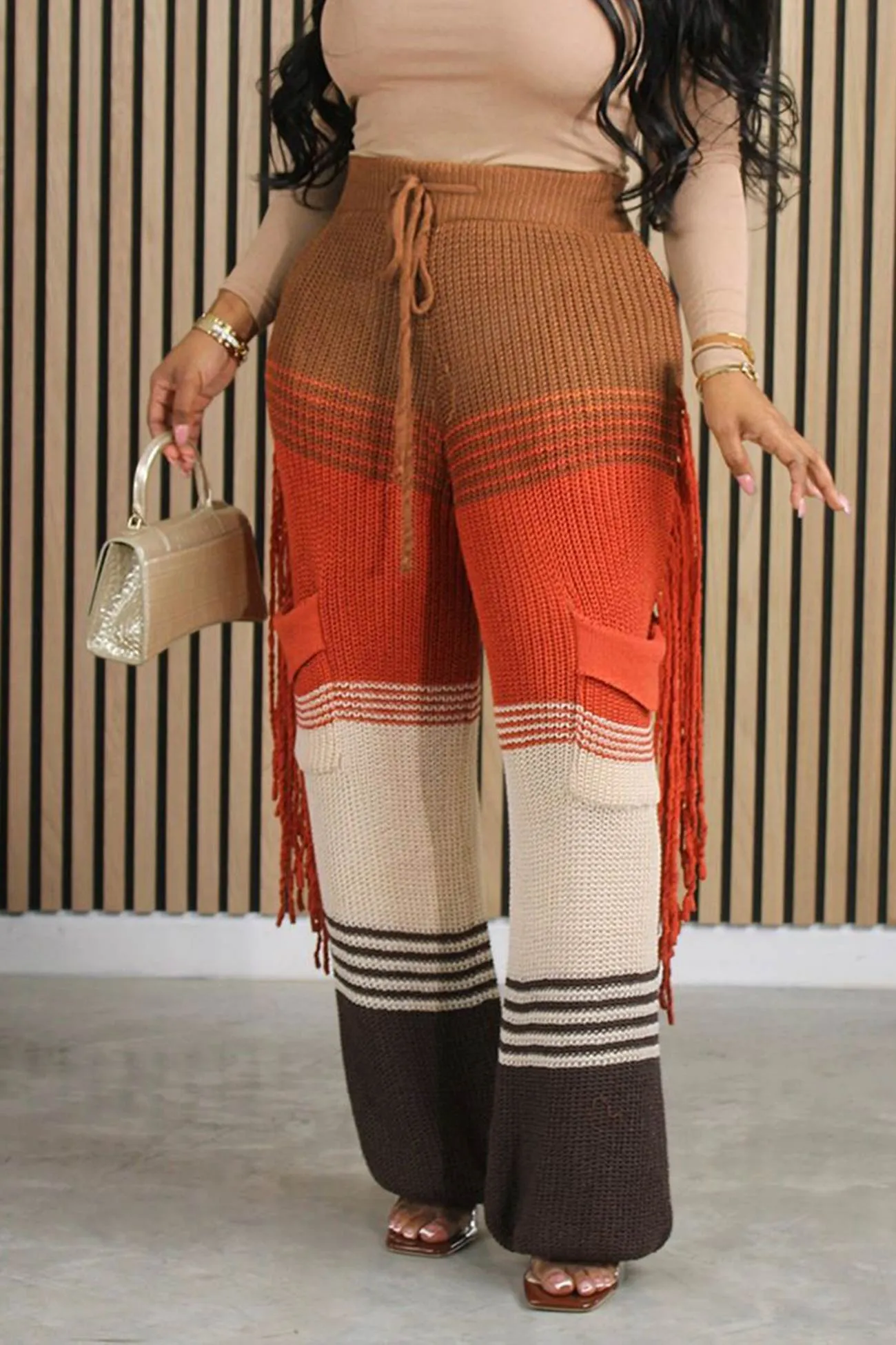 Contrast Fringe Crochet Knit Pants