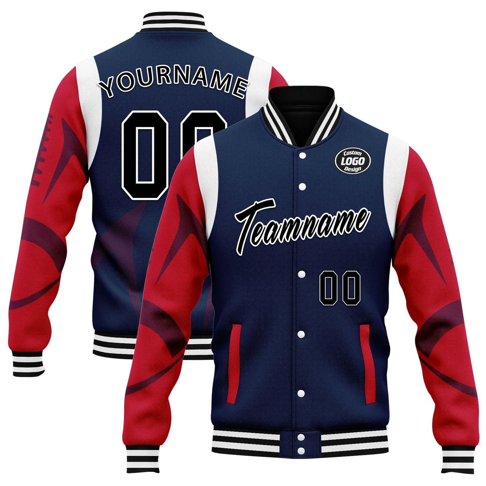 Custom Blue New England Jacket Bomber Full-Snap Varsity Letterman Personalized Jacket FZ005-D025004-26