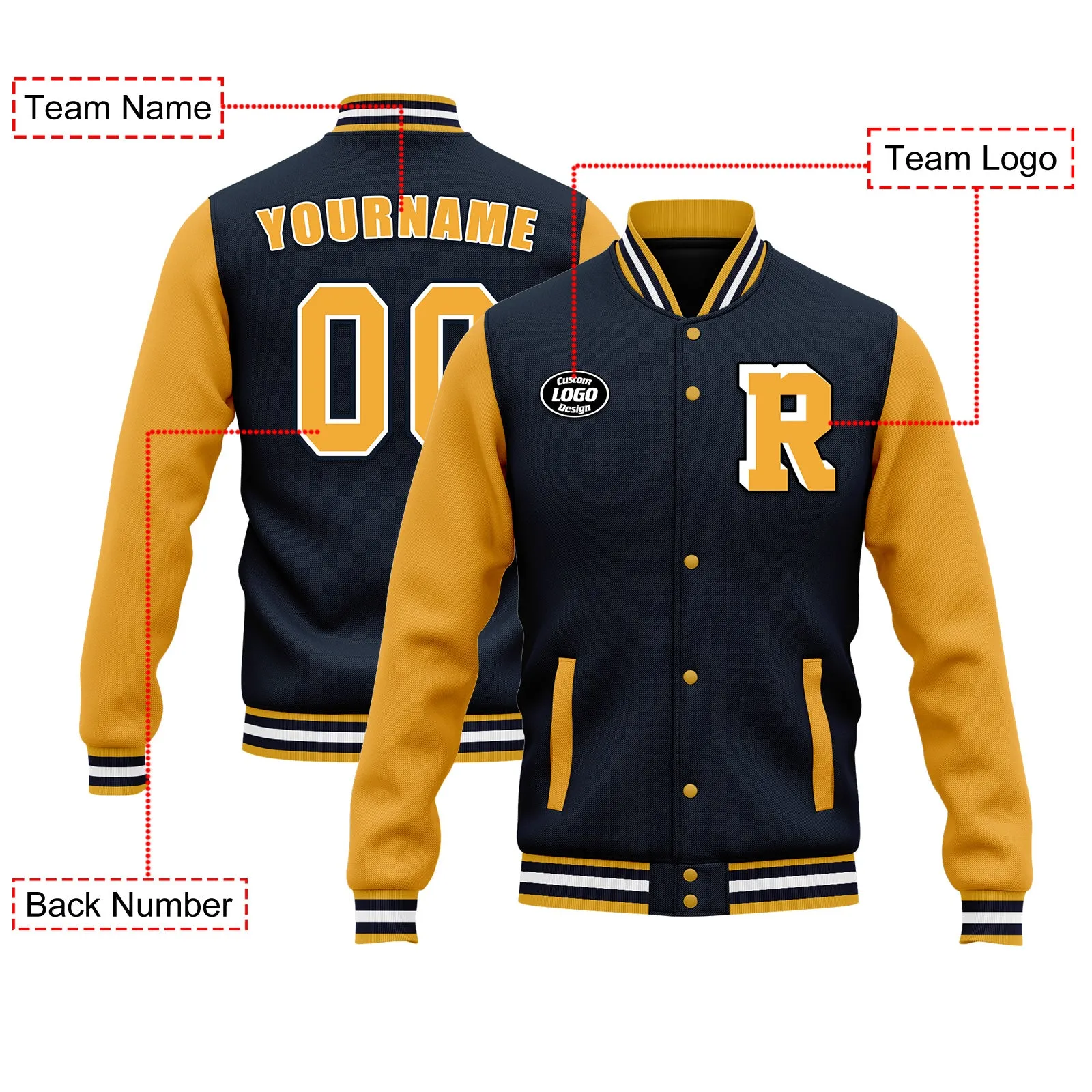 Custom Blue Yellow Waterproof Jacket Bomber Full-Snap Varsity Letterman Personalized Jacket FZ007CD-D020316-6