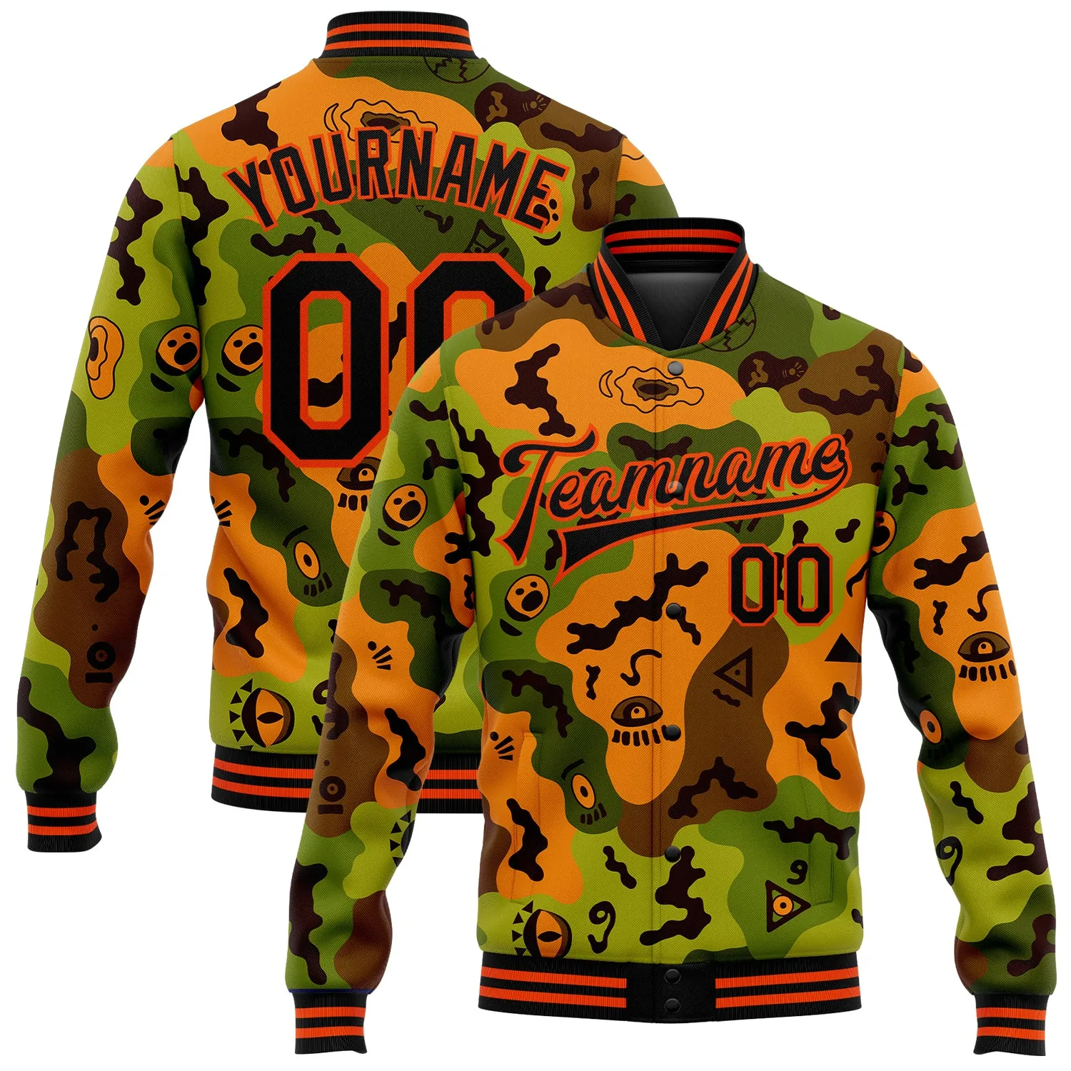 Custom Camo Black-Orange Funny Faces 3D Pattern Design Bomber Full-Snap Varsity Letterman Salute To Service Jacket