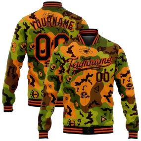 Custom Camo Black-Orange Funny Faces 3D Pattern Design Bomber Full-Snap Varsity Letterman Salute To Service Jacket