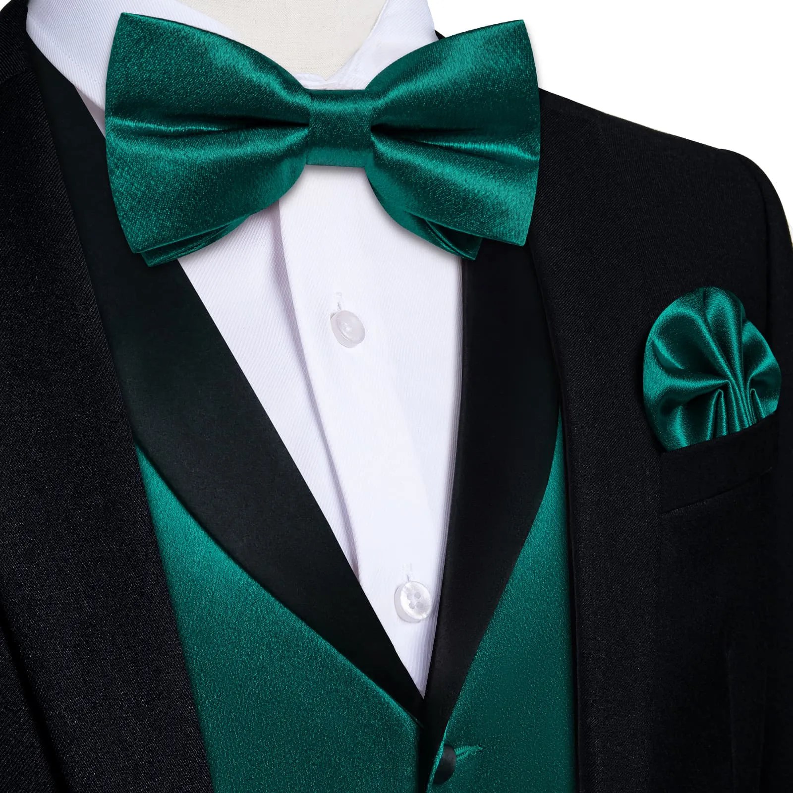 DiBanGu Tuxedo Vest Midnight Green Solid Silk Mens Vest and Bow Tie Set for Formal