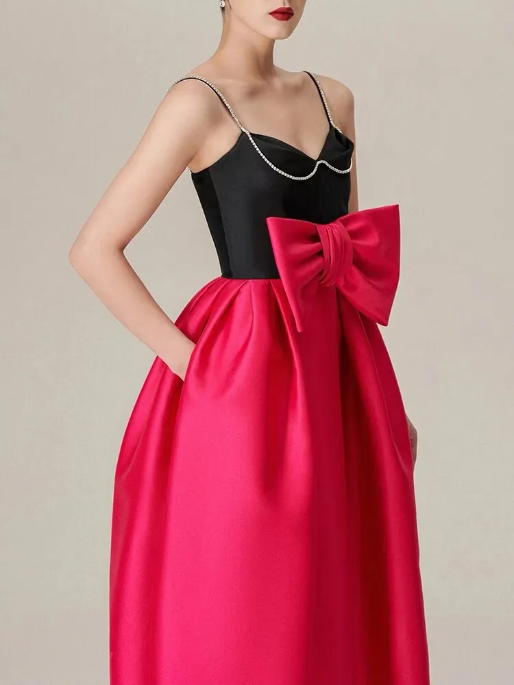 Elegant Temperament Dresses For Women V Neck Sleeveless High Waist Patchwork Bow Camisole Dress Female Clothing