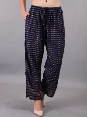 Ethnic Gold Print Striped Palazzo Pants - Navy