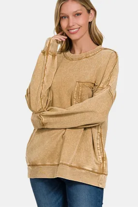 Exposed Seam Round Neck Dropped Shoulder Sweatshirt - Camel