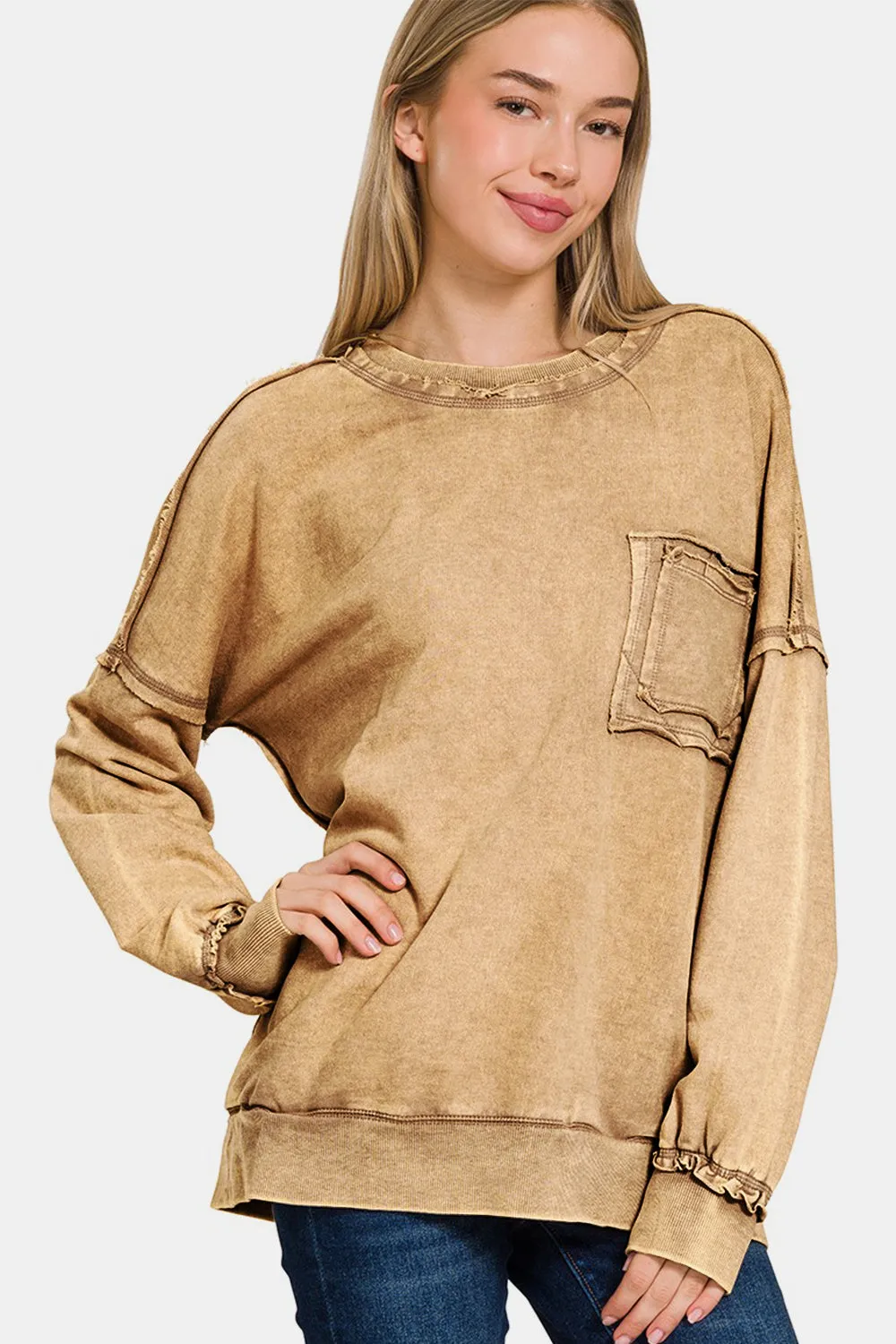 Exposed Seam Round Neck Dropped Shoulder Sweatshirt - Camel