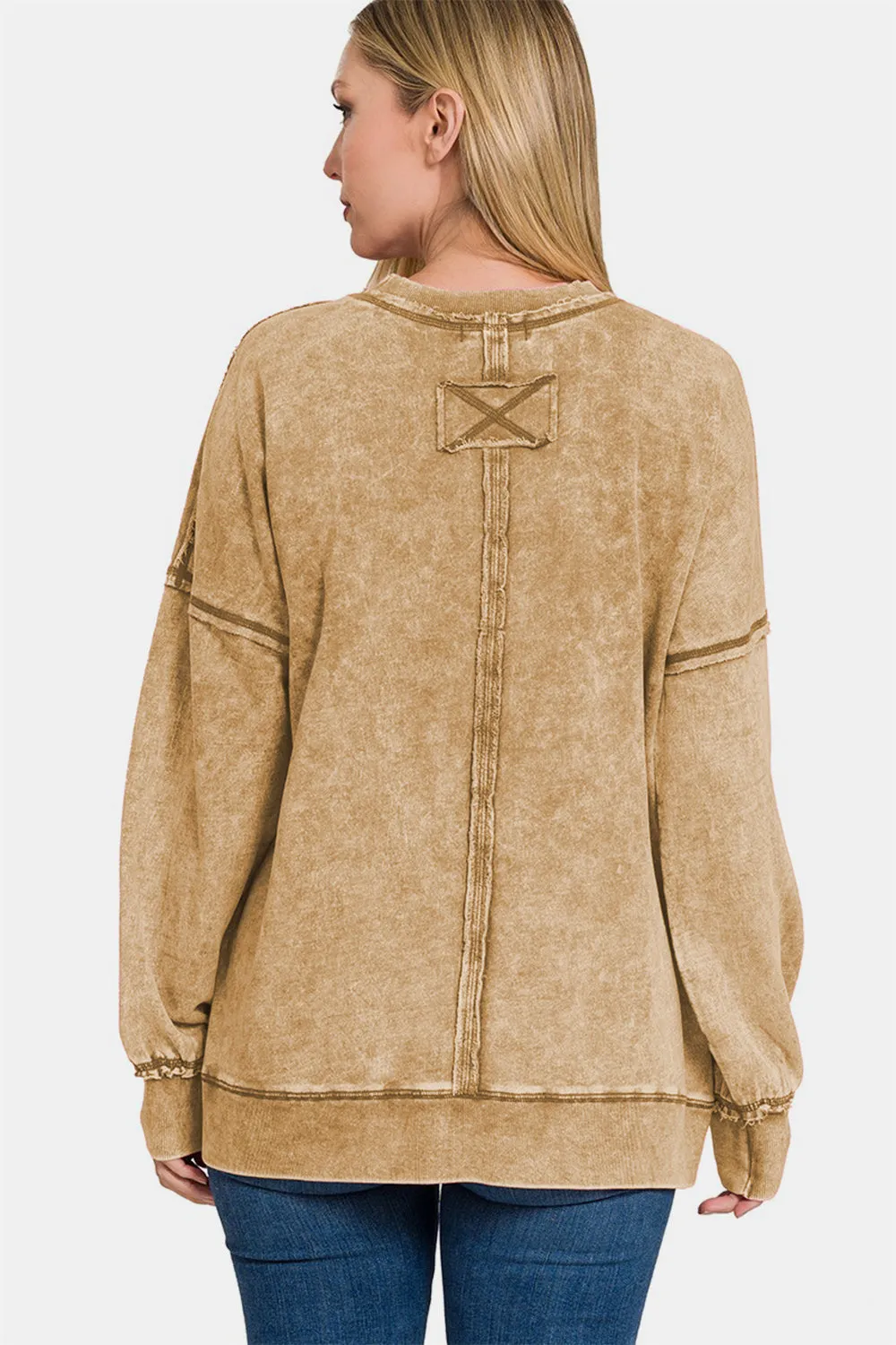 Exposed Seam Round Neck Dropped Shoulder Sweatshirt - Camel