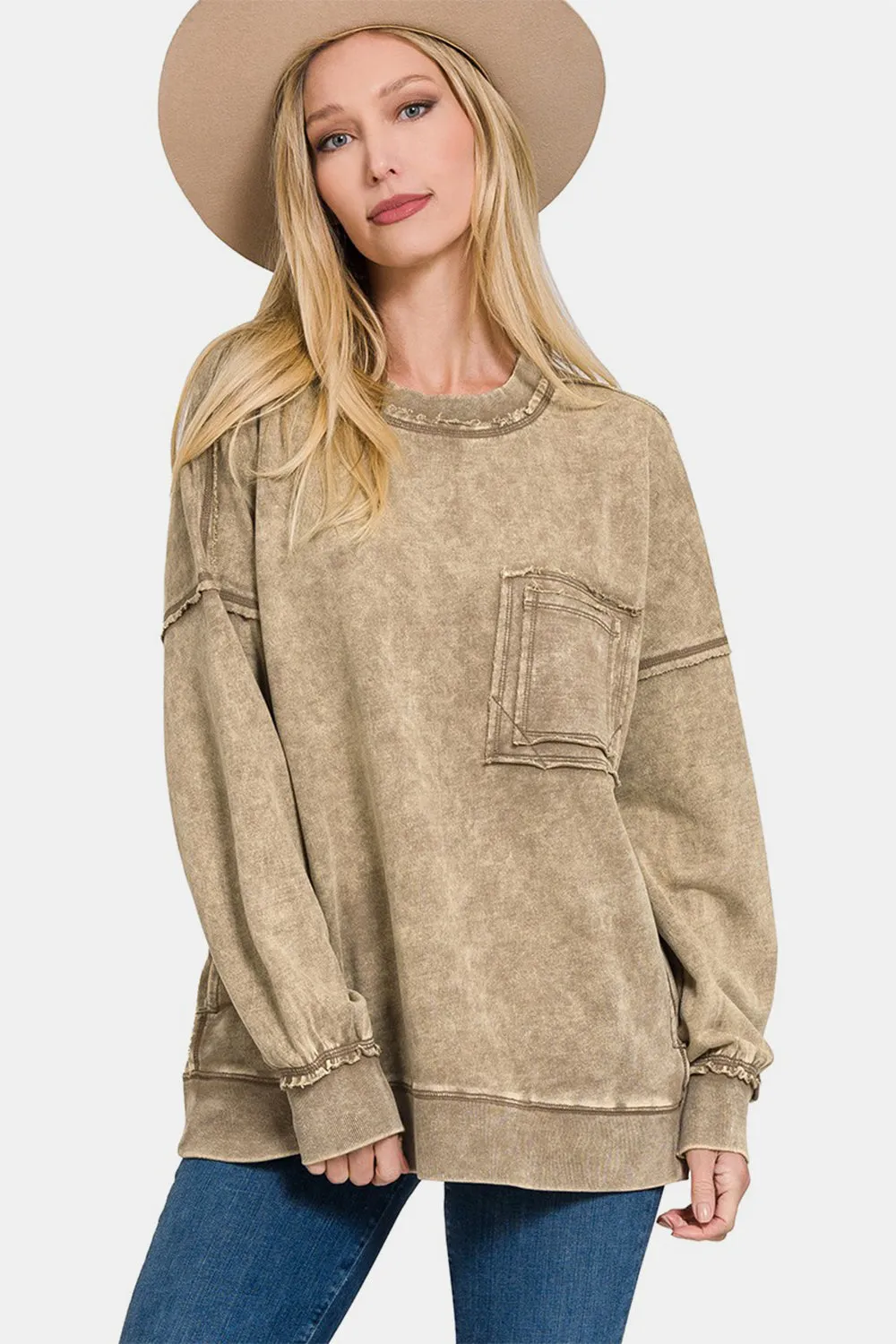 Exposed Seam Round Neck Dropped Shoulder Sweatshirt - Mocha