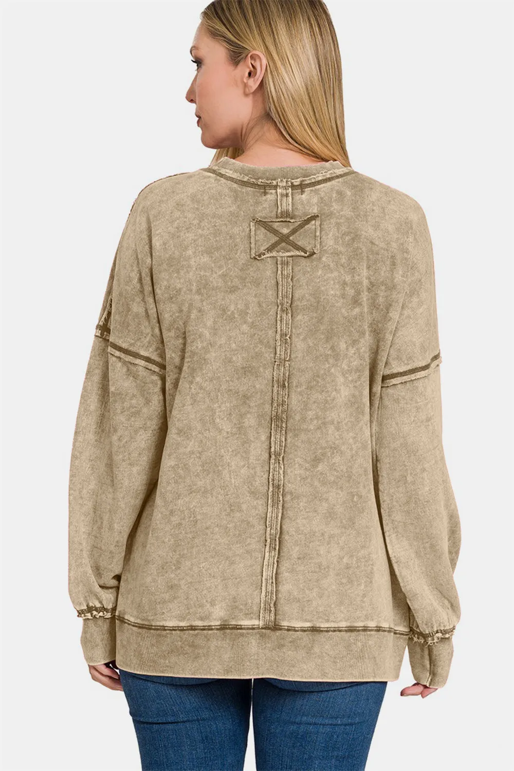 Exposed Seam Round Neck Dropped Shoulder Sweatshirt - Mocha