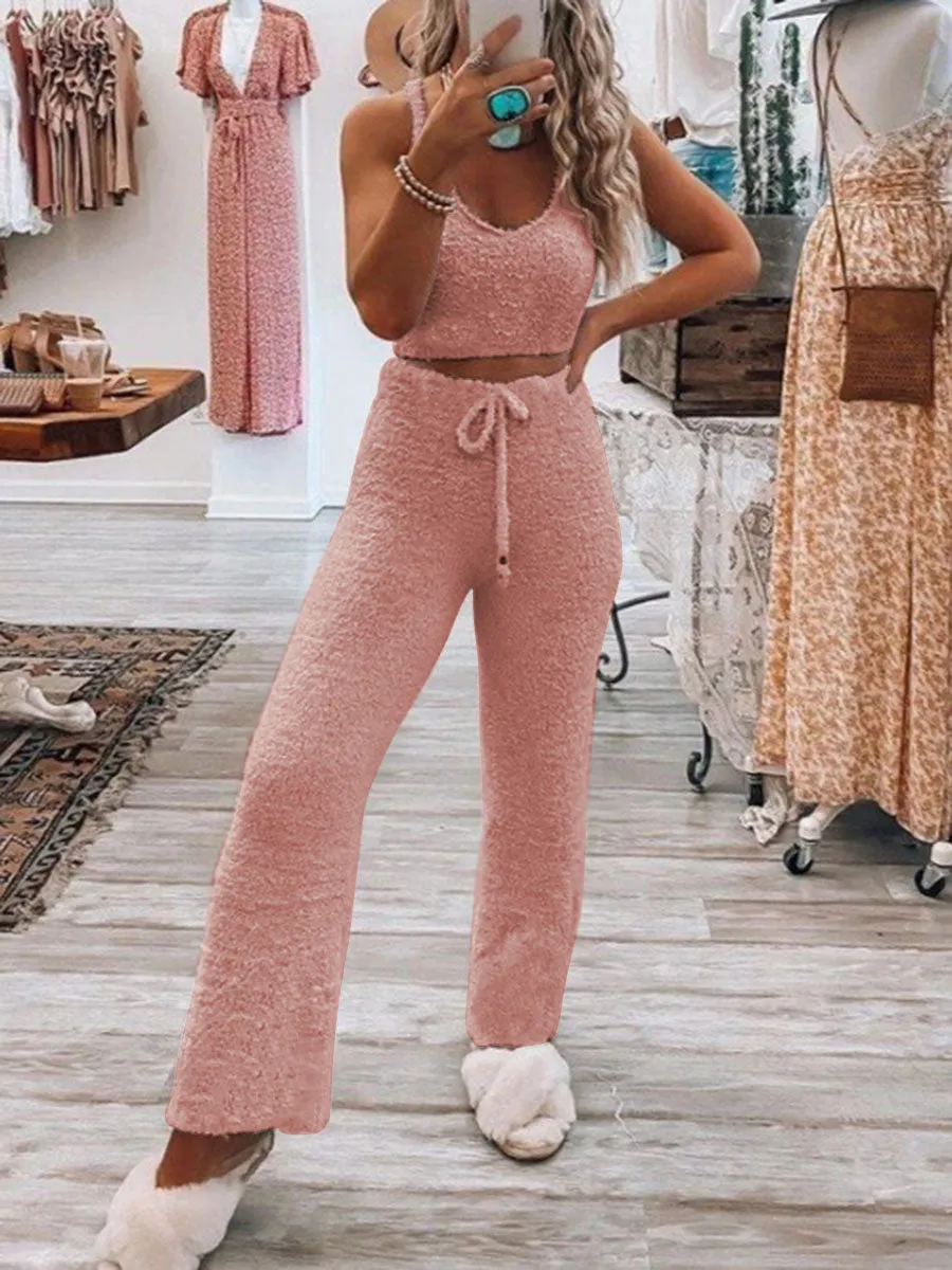 Fashionable Sexy Camisole and Drawstring Wide-leg Pants Suit