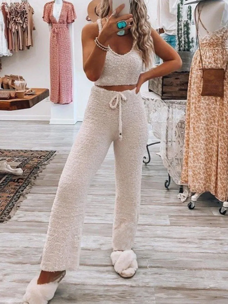 Fashionable Sexy Camisole and Drawstring Wide-leg Pants Suit