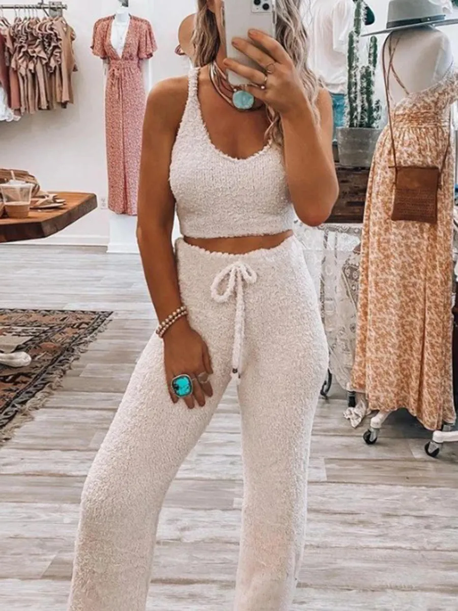 Fashionable Sexy Camisole and Drawstring Wide-leg Pants Suit