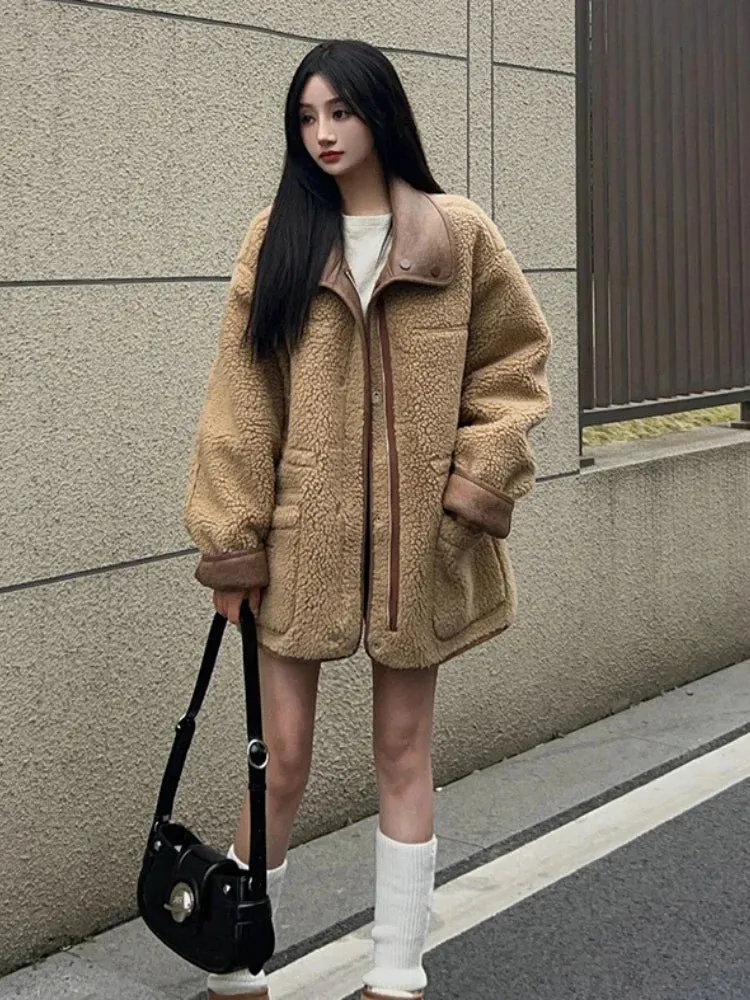 Fashionkova American Streetwear Jacket Lamb Wool Two Sides Wear Design Pockets Draw String Coat for Women Winter Vintage Loose 2024 Clothing