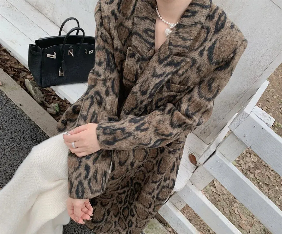 Fashionkova Double-breasted leopard print suit woolen coat for women 2024 winter new style loose silhouette mid-length woolen coat trendy