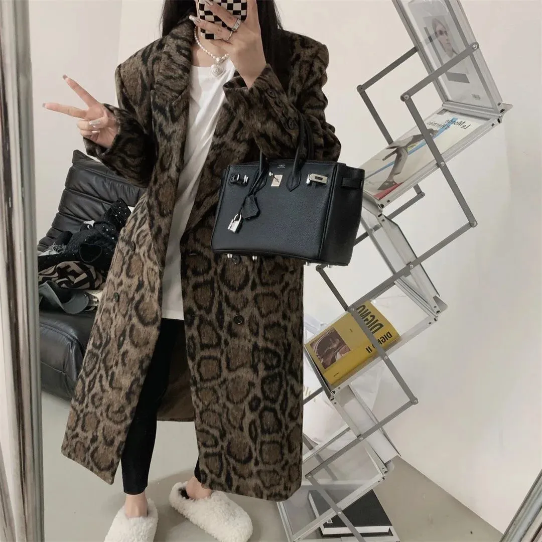 Fashionkova Double-breasted leopard print suit woolen coat for women 2024 winter new style loose silhouette mid-length woolen coat trendy