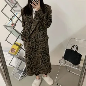 Fashionkova Double-breasted leopard print suit woolen coat for women 2024 winter new style loose silhouette mid-length woolen coat trendy