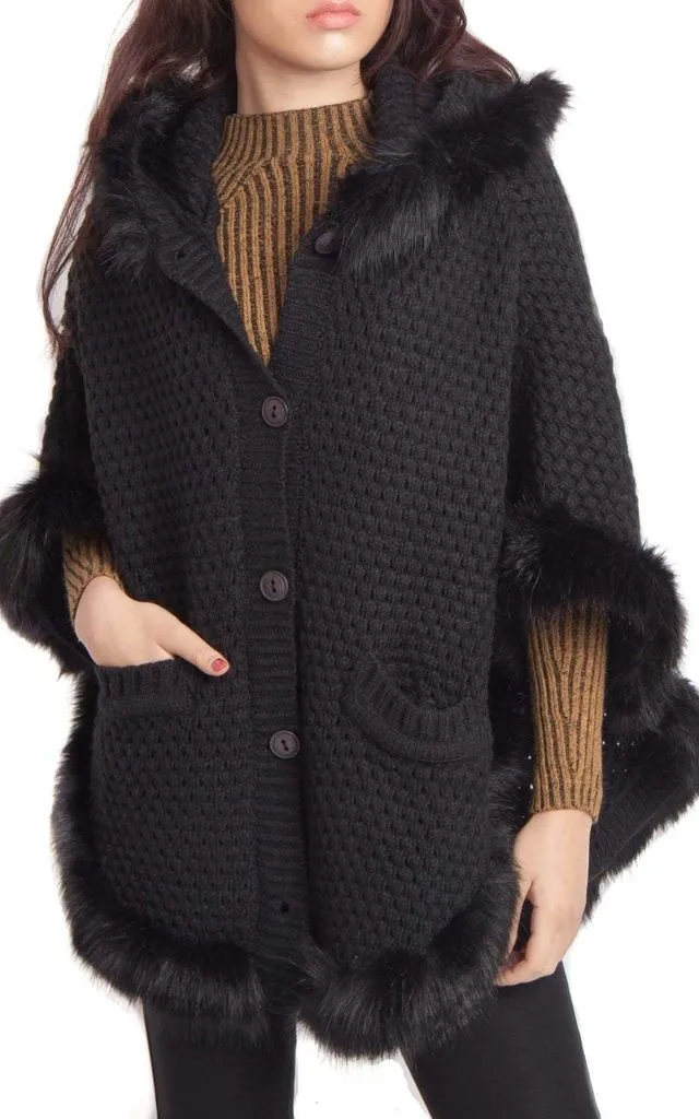 Faux Fur Knitted Hood Poncho