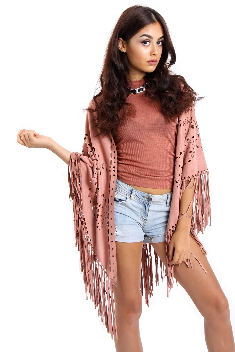 Faux Suede Laser Cut Fringe Cape