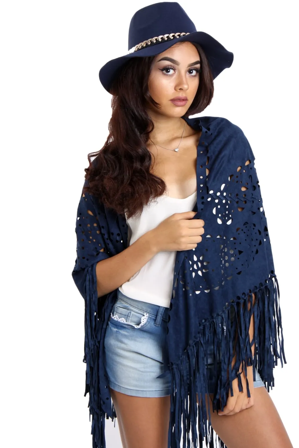 Faux Suede Laser Cut Fringe Cape